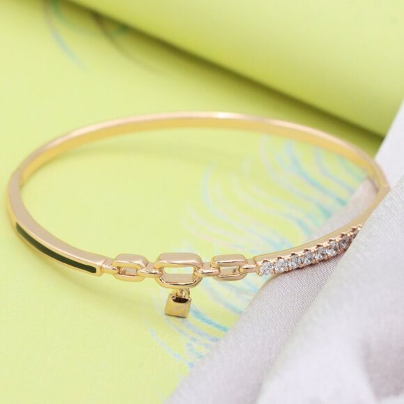 Elegant Rose Gold Bangle with Diamond Accents and Chain Link Charm, XPBL0459 - Picture 5 of 11